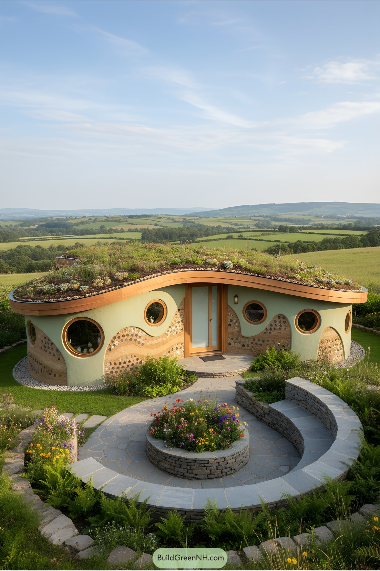 Round, eco-friendly cottage with a garden on the roof