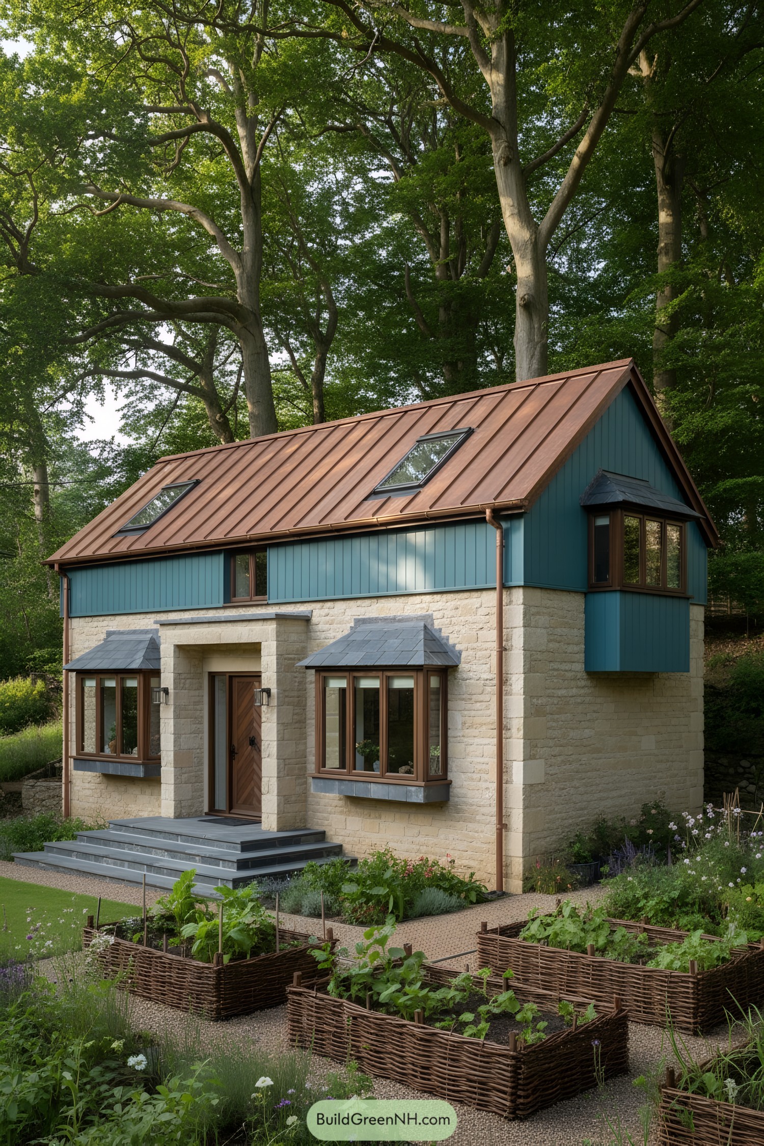 Cottage surrounded by lush trees and verdant garden