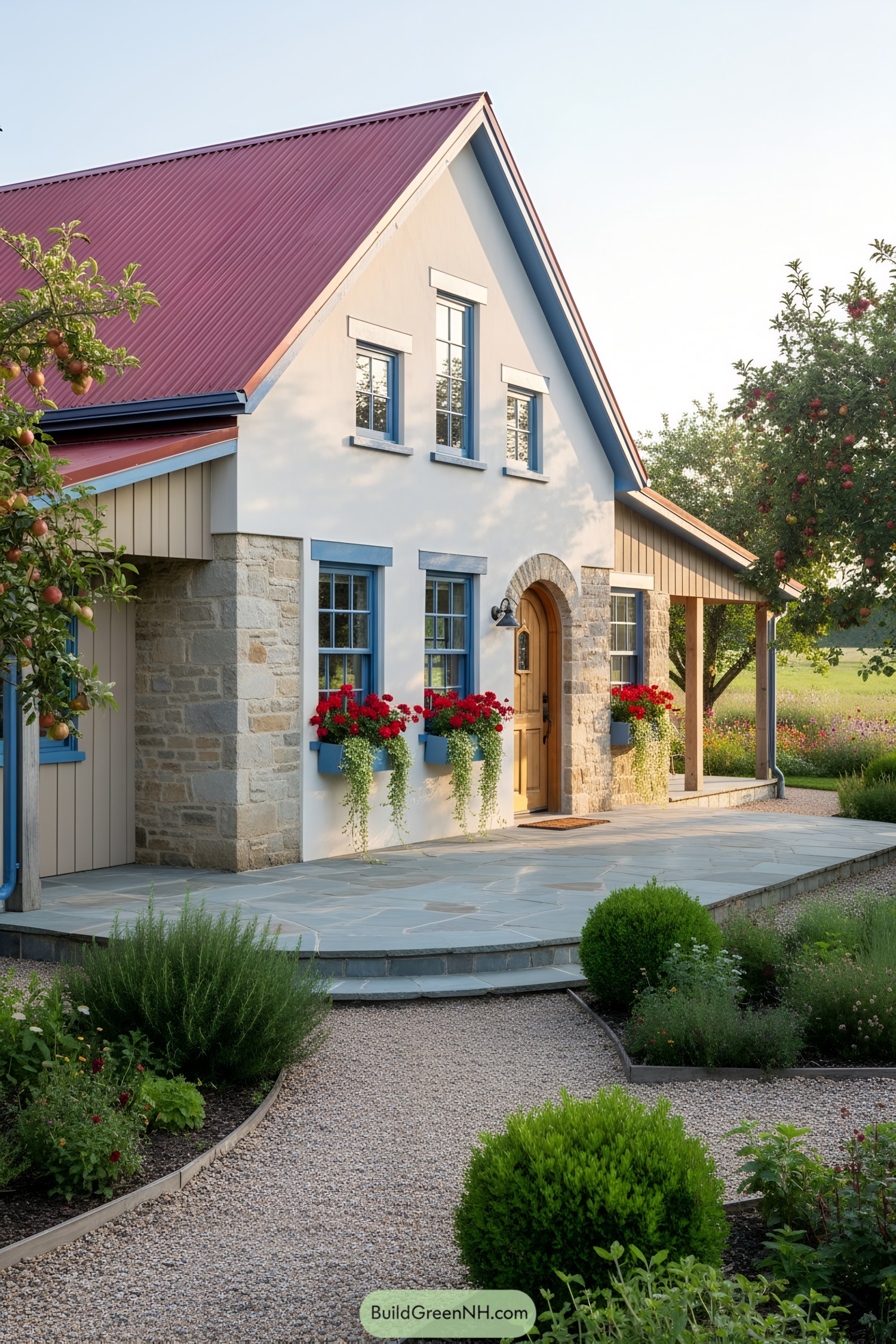 A quaint stone cottage with vibrant flower boxes and a red roof