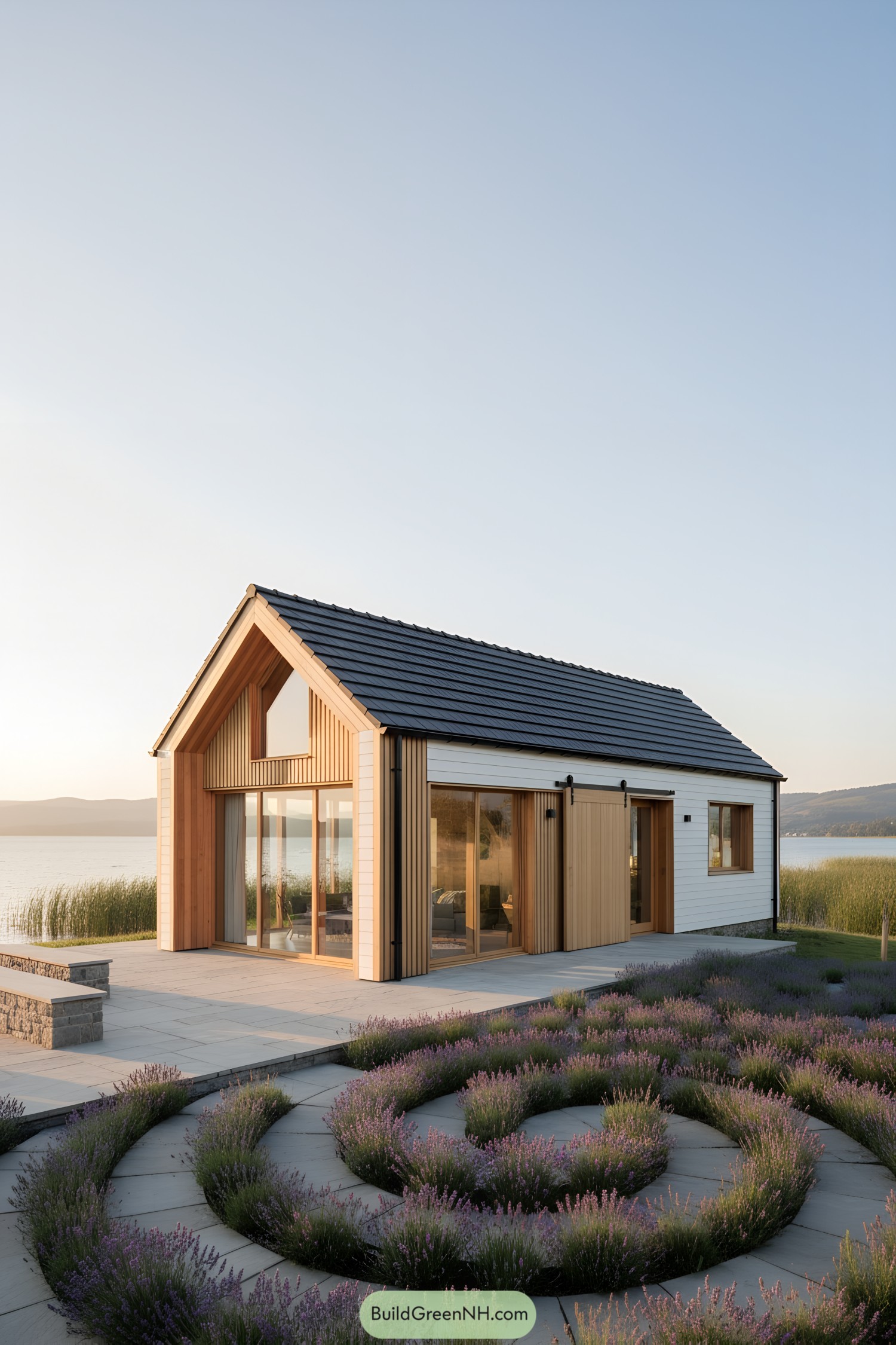 Charming cottage overlooking a serene lake at sunset
