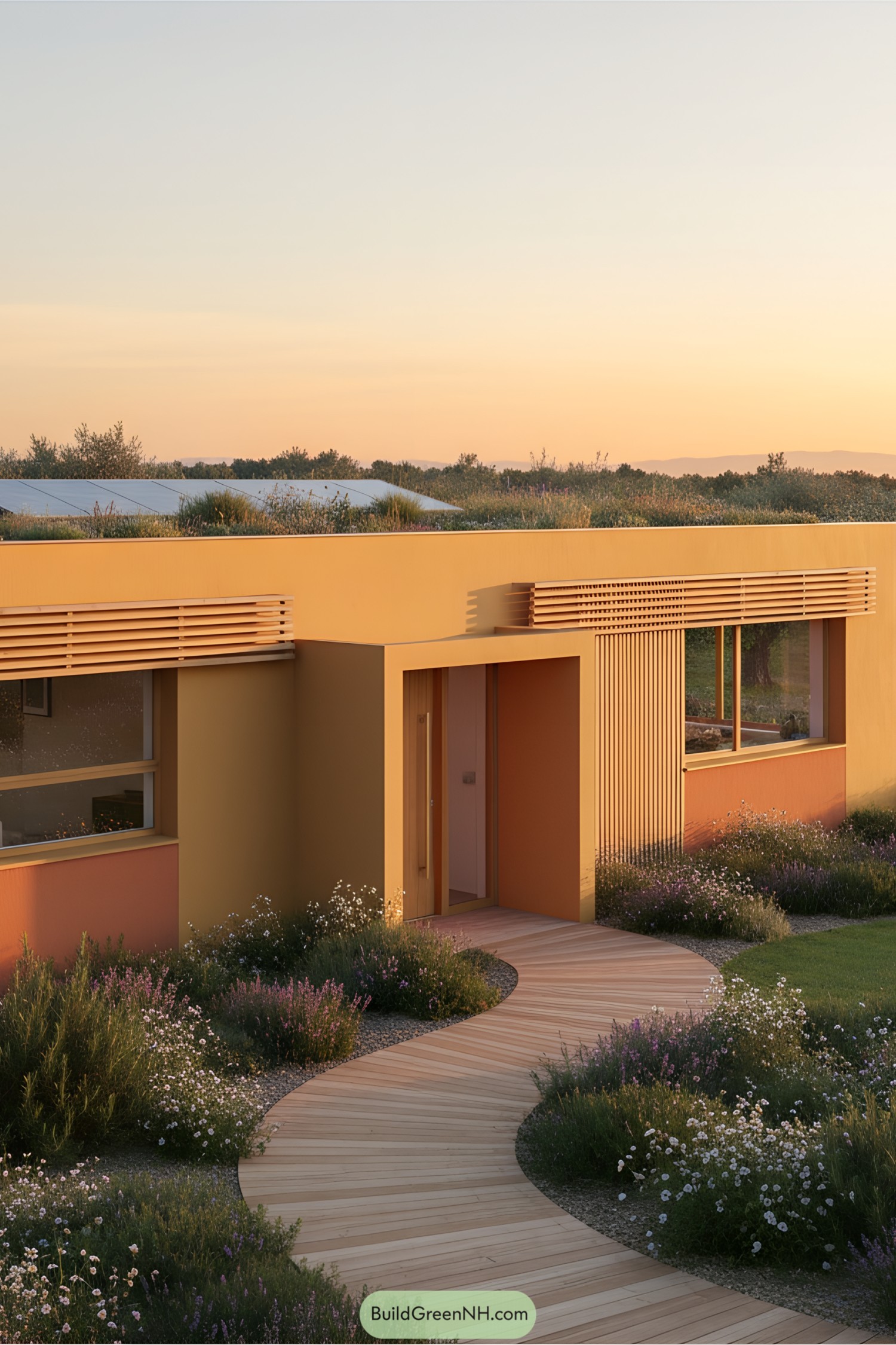 Modern cottage with landscaped path and garden