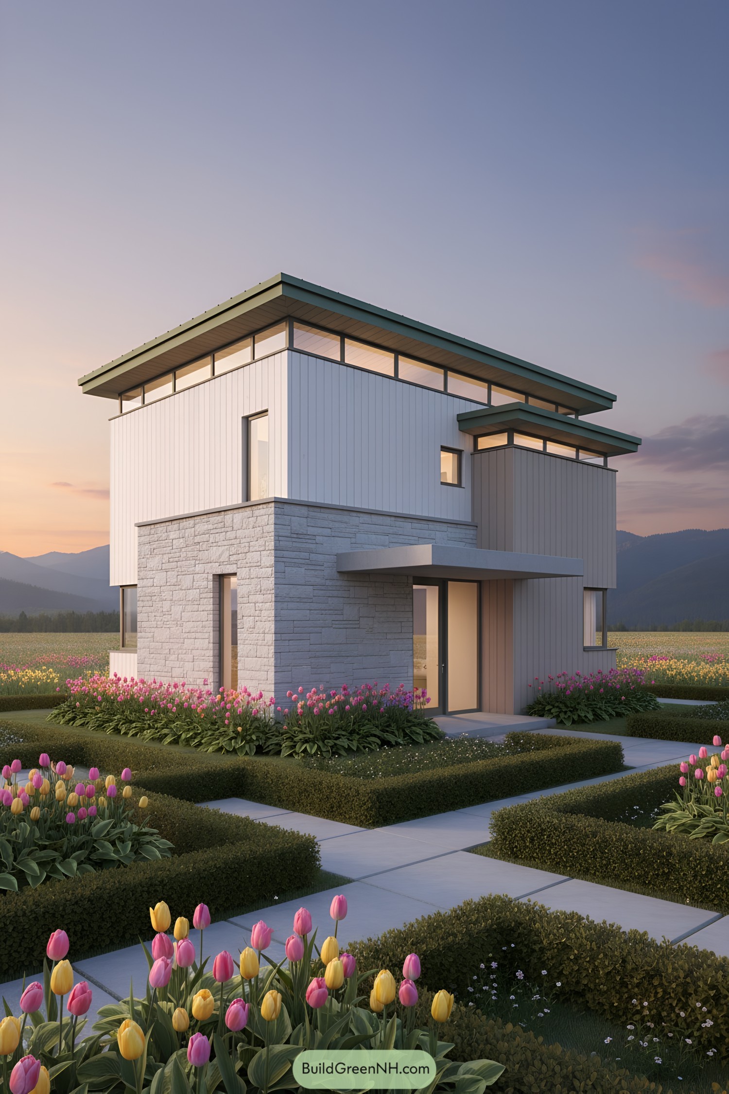 Modern cottage surrounded by tulips at sunset