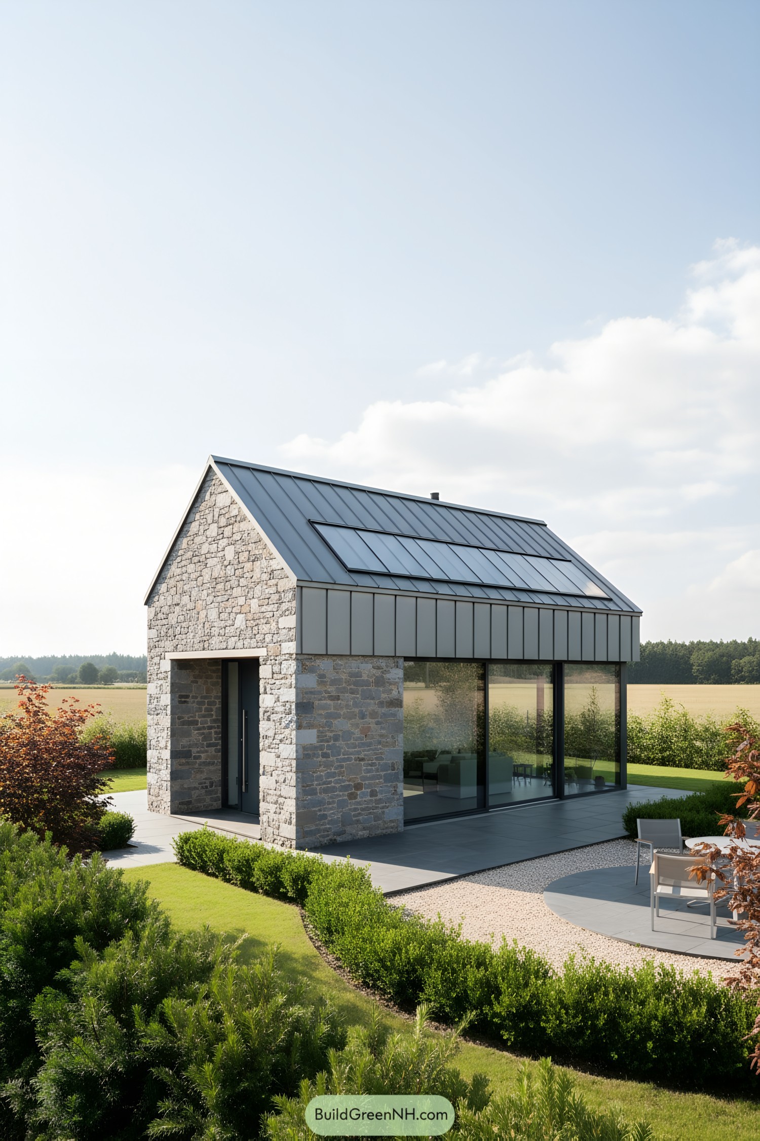 Compact stone cottage with large windows and a lush garden
