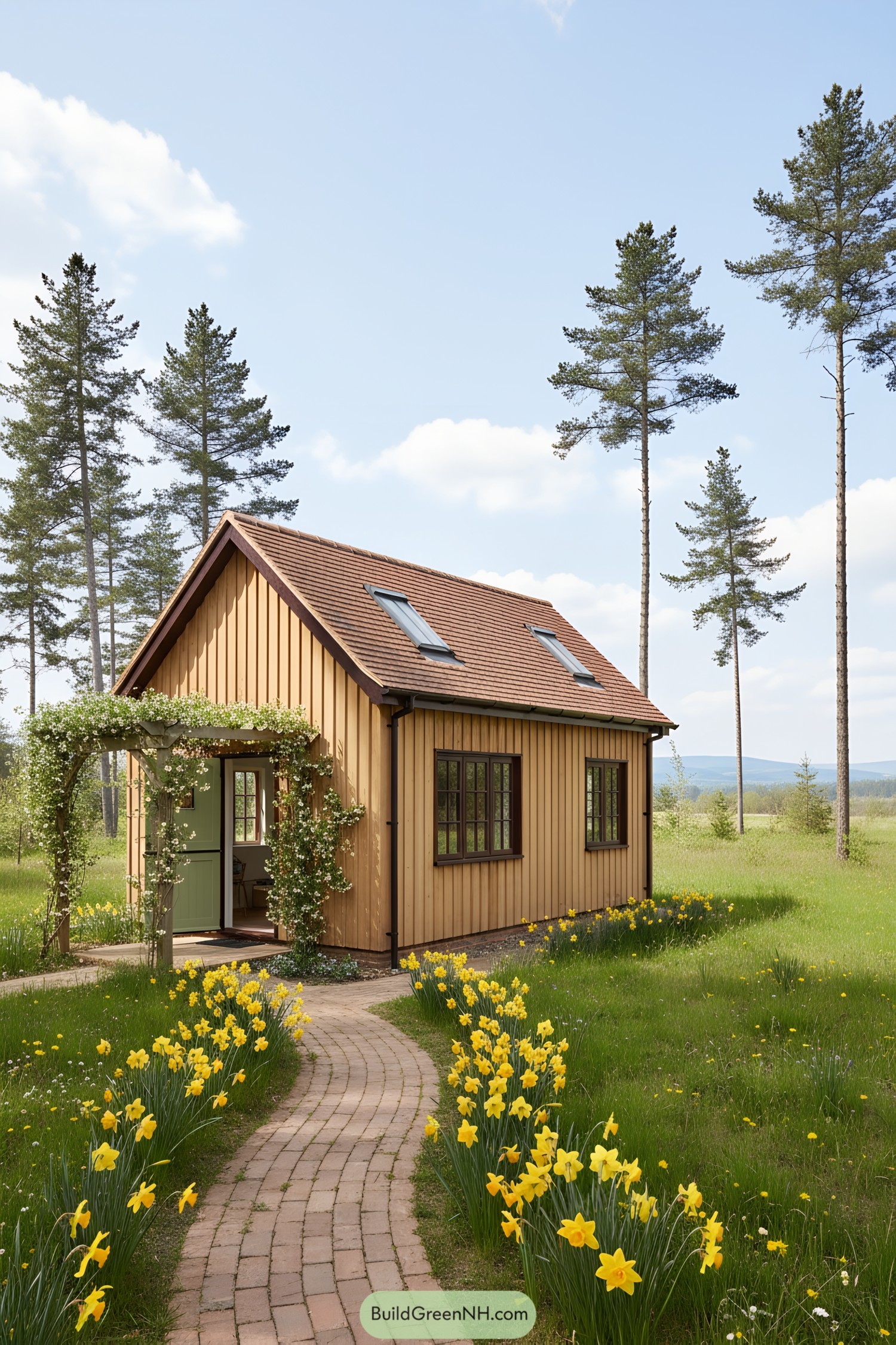 Charming wooden cottage with flower garden and tall trees