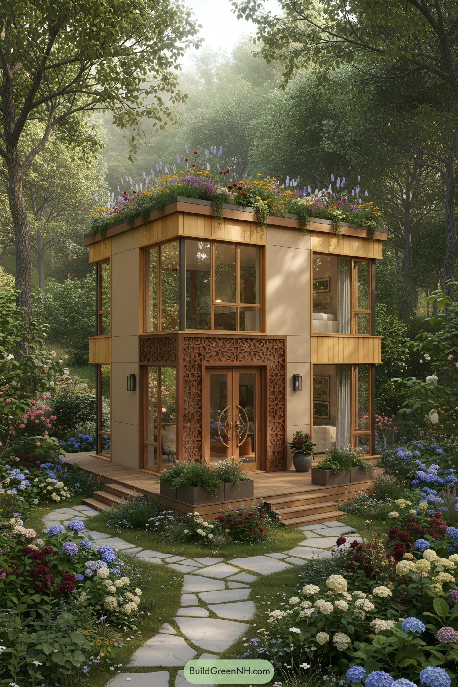 Modern cottage with a rooftop garden surrounded by colorful blooms