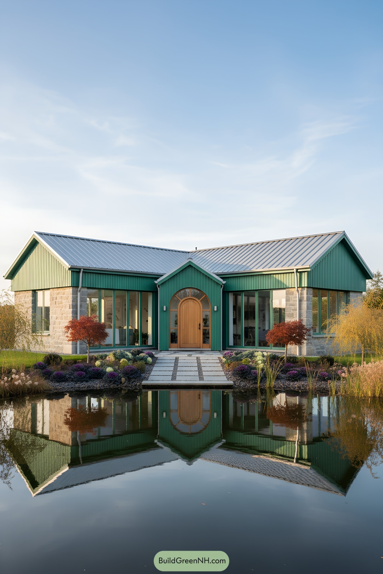 Modern cottage with a green facade by a tranquil pond