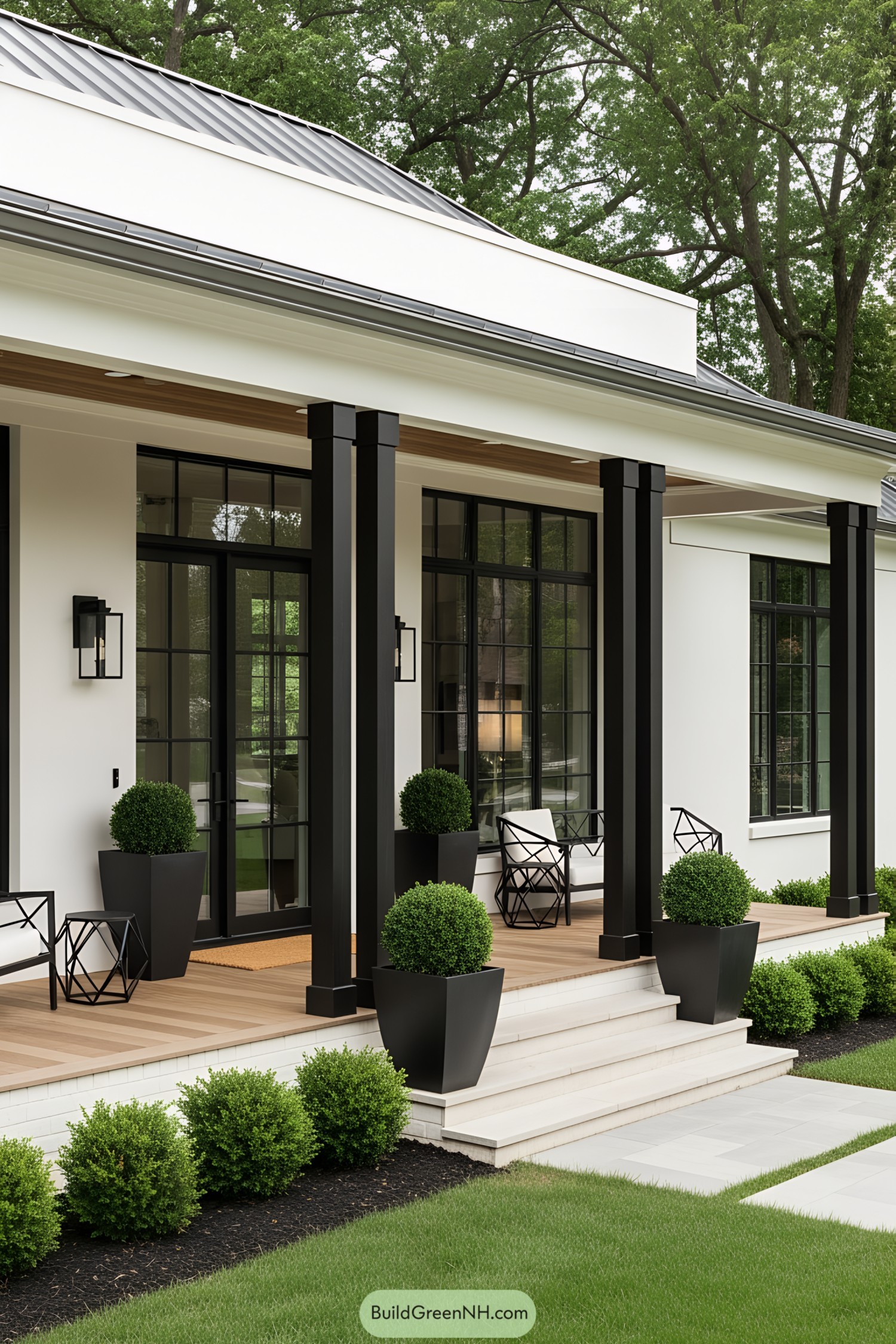 Sleek modern porch with black columns and stylish seating