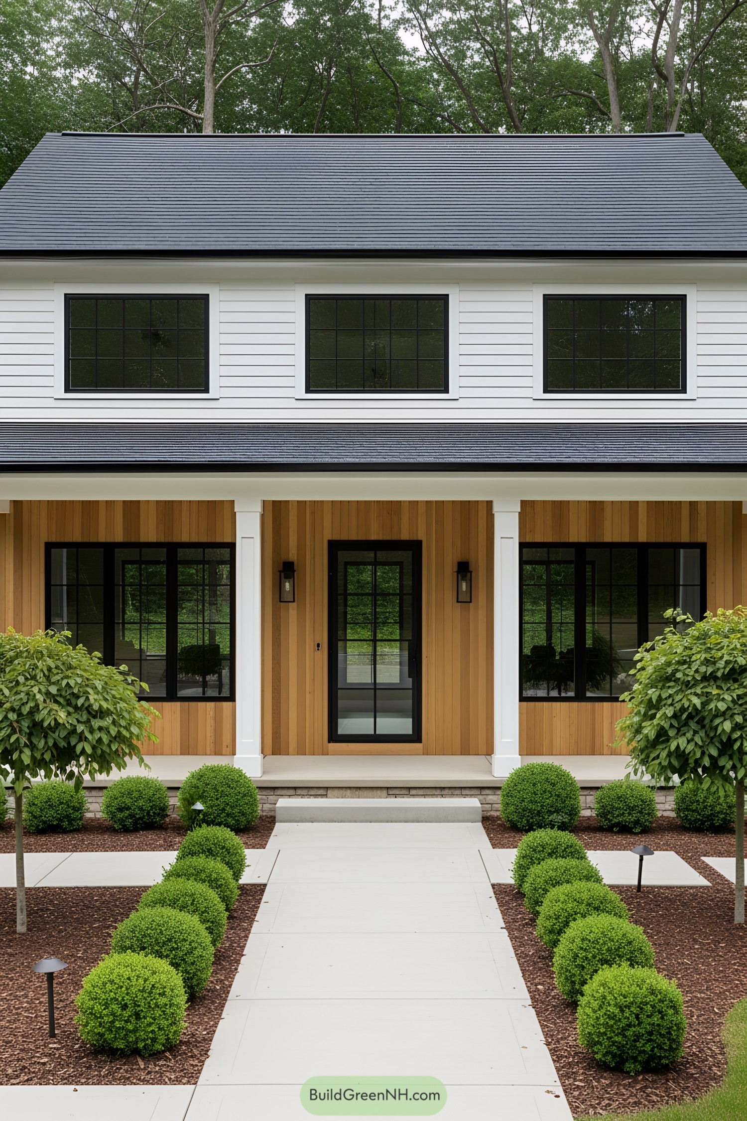 Contemporary front porch with wooden panels and white pillars