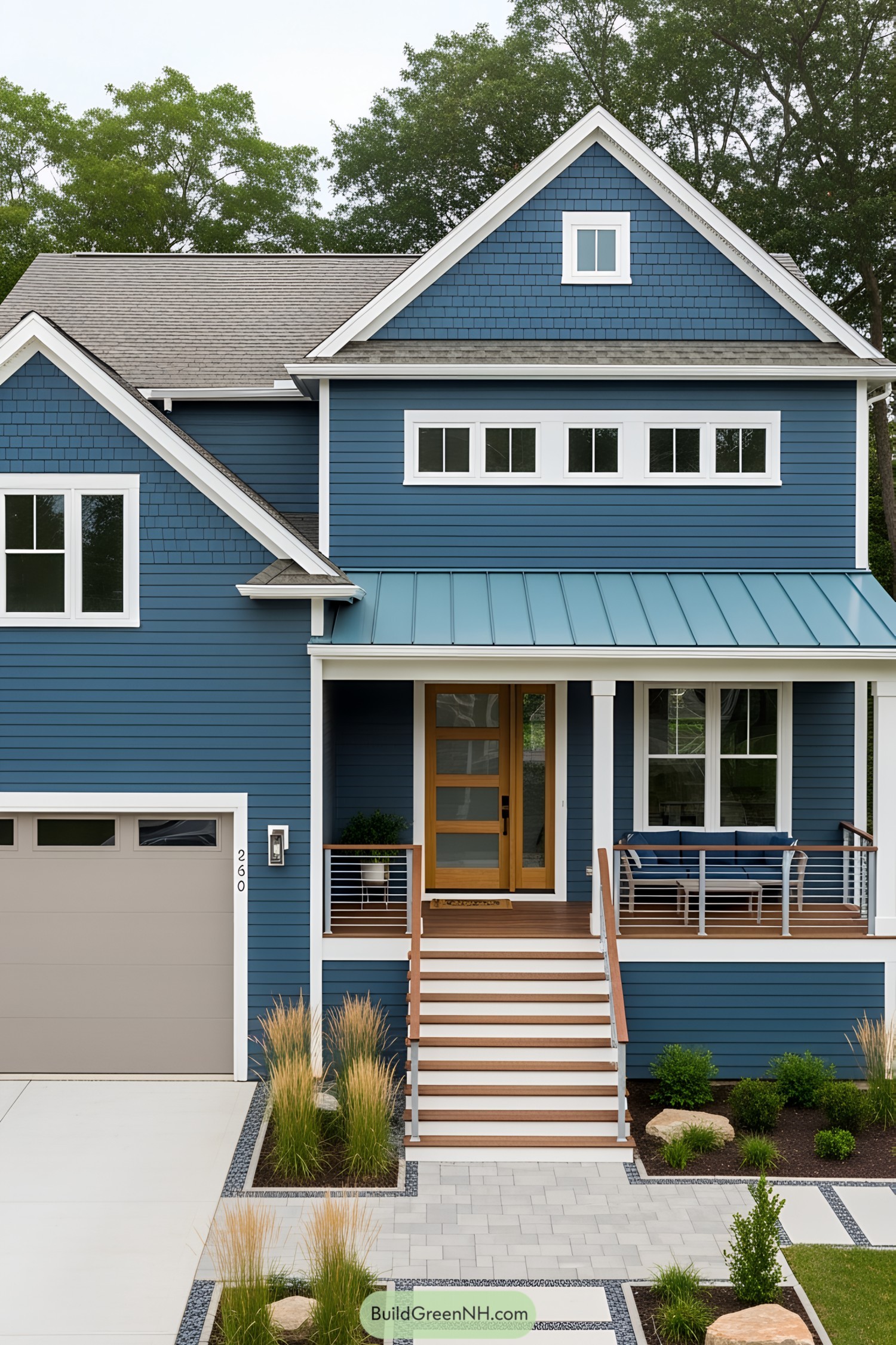Stylish blue front porch with clean design