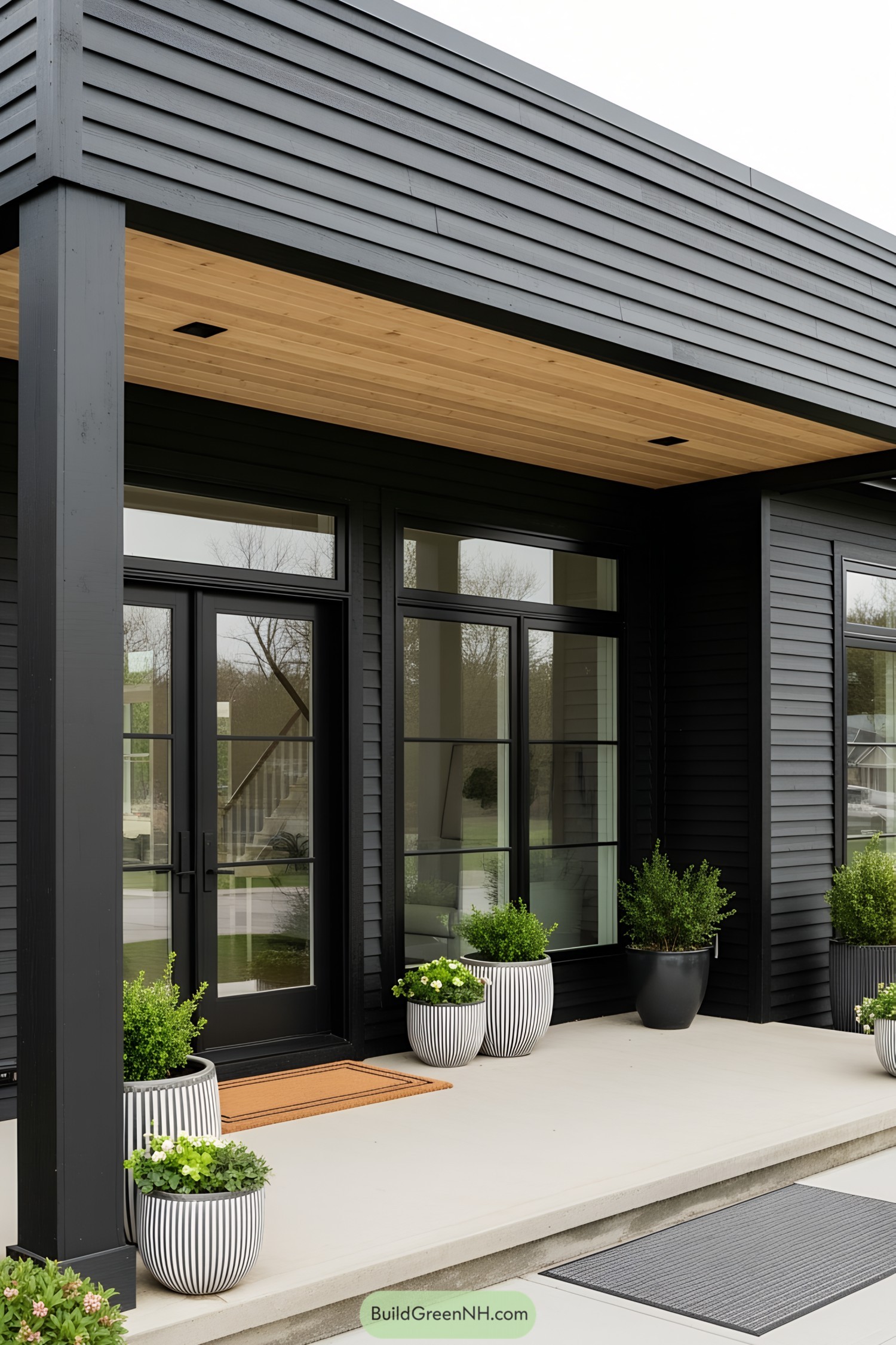 Modern front porch with sleek black siding and striped planters