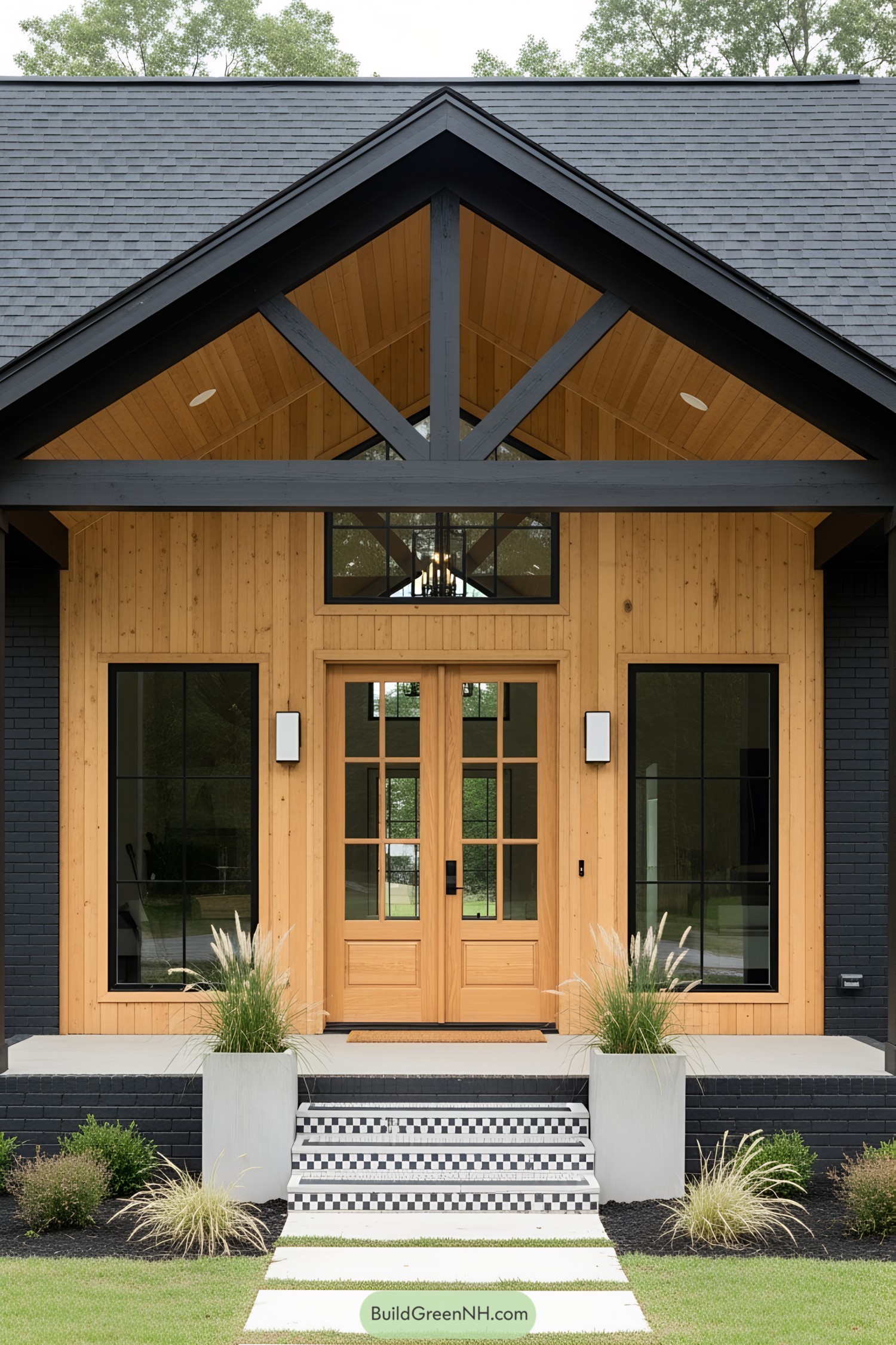 Modern porch with natural wood and black accents