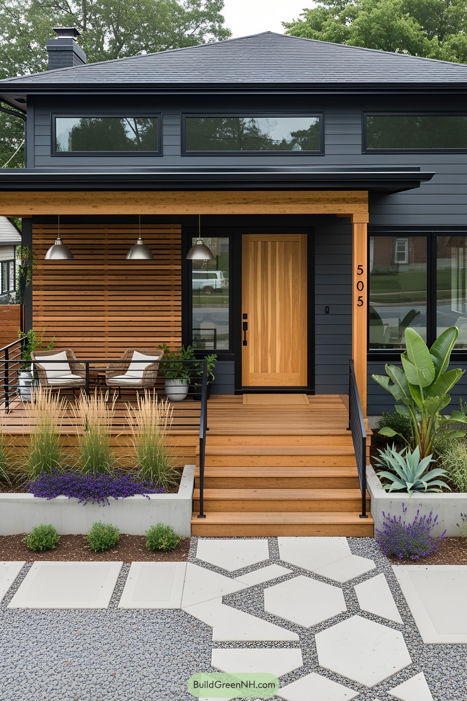 Modern porch with sleek design elements and greenery