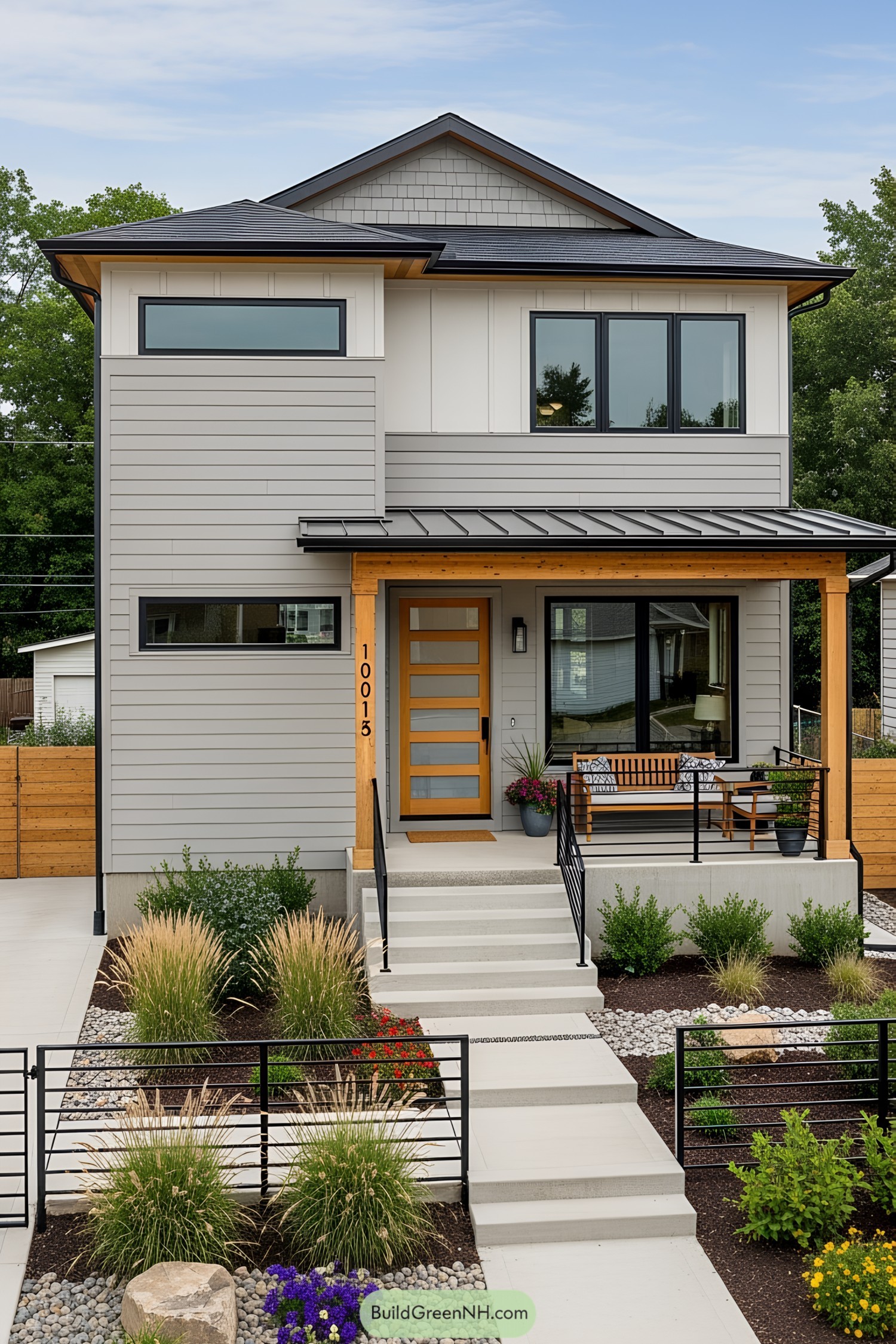 Sleek house with inviting front porch and greenery
