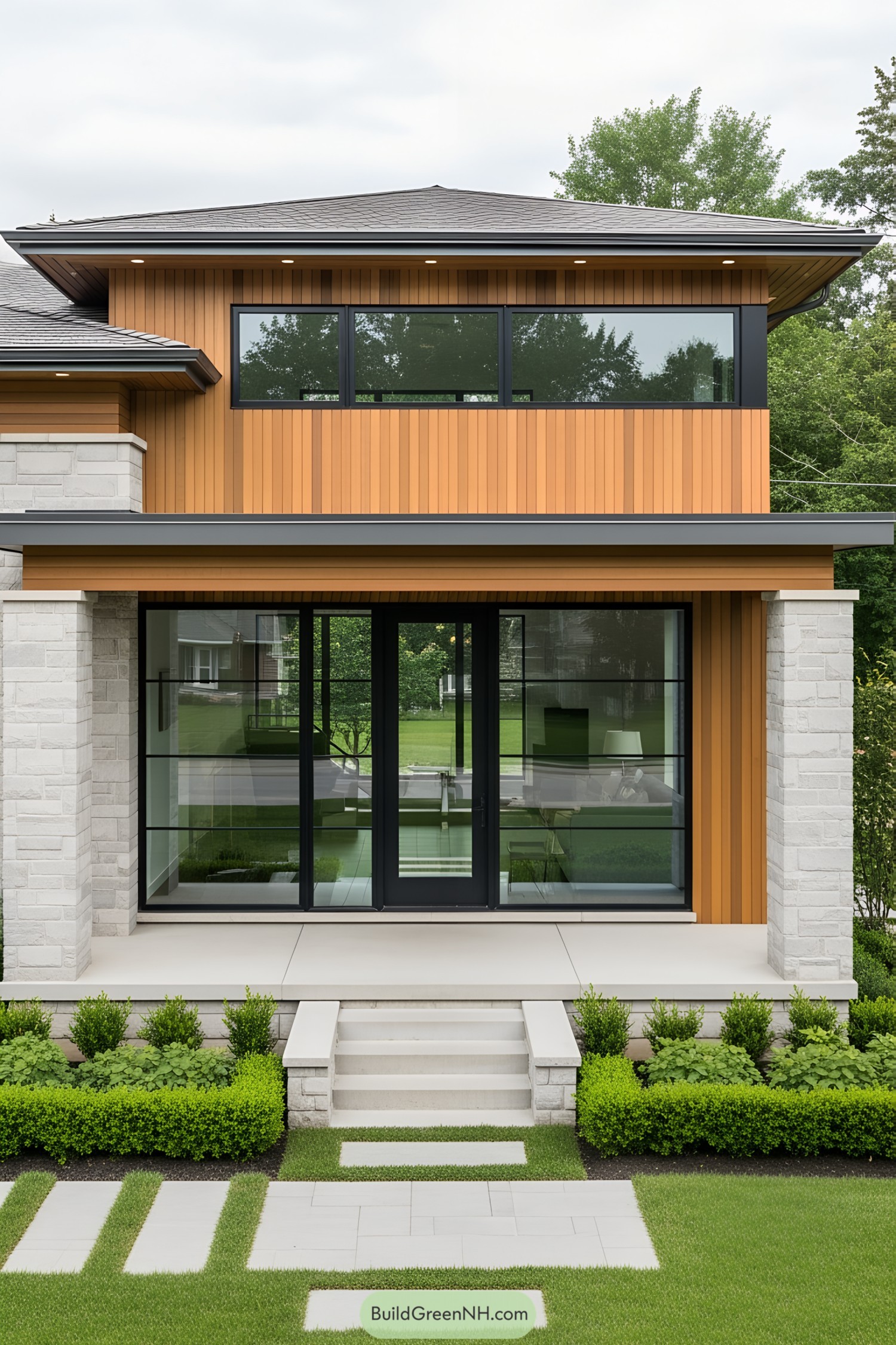 Modern porch with a stylish entrance and greenery