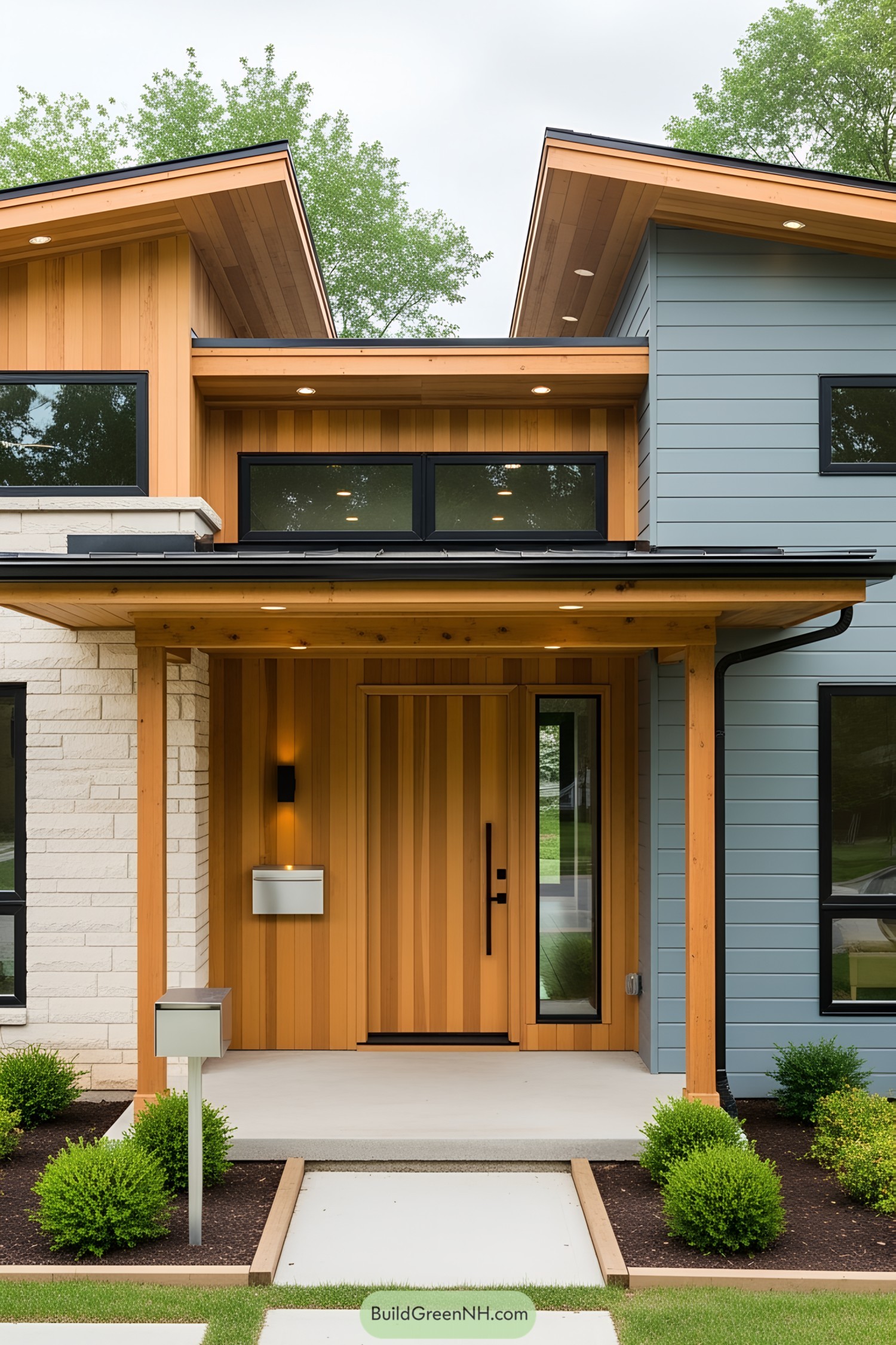 Modern porch with wooden and stone elements