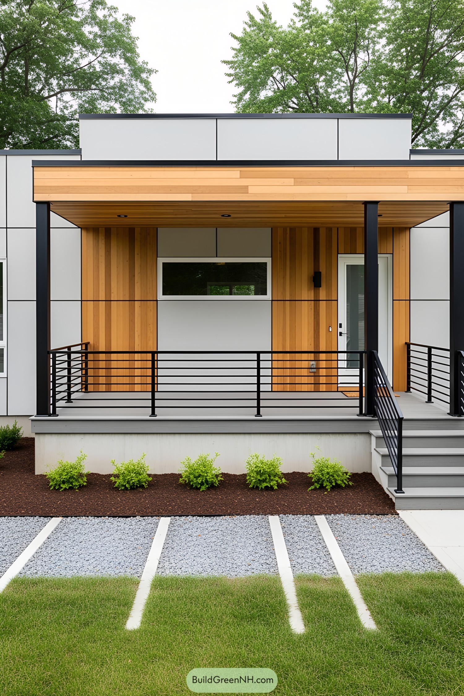 Stylish front porch with linear railings and wooden accents