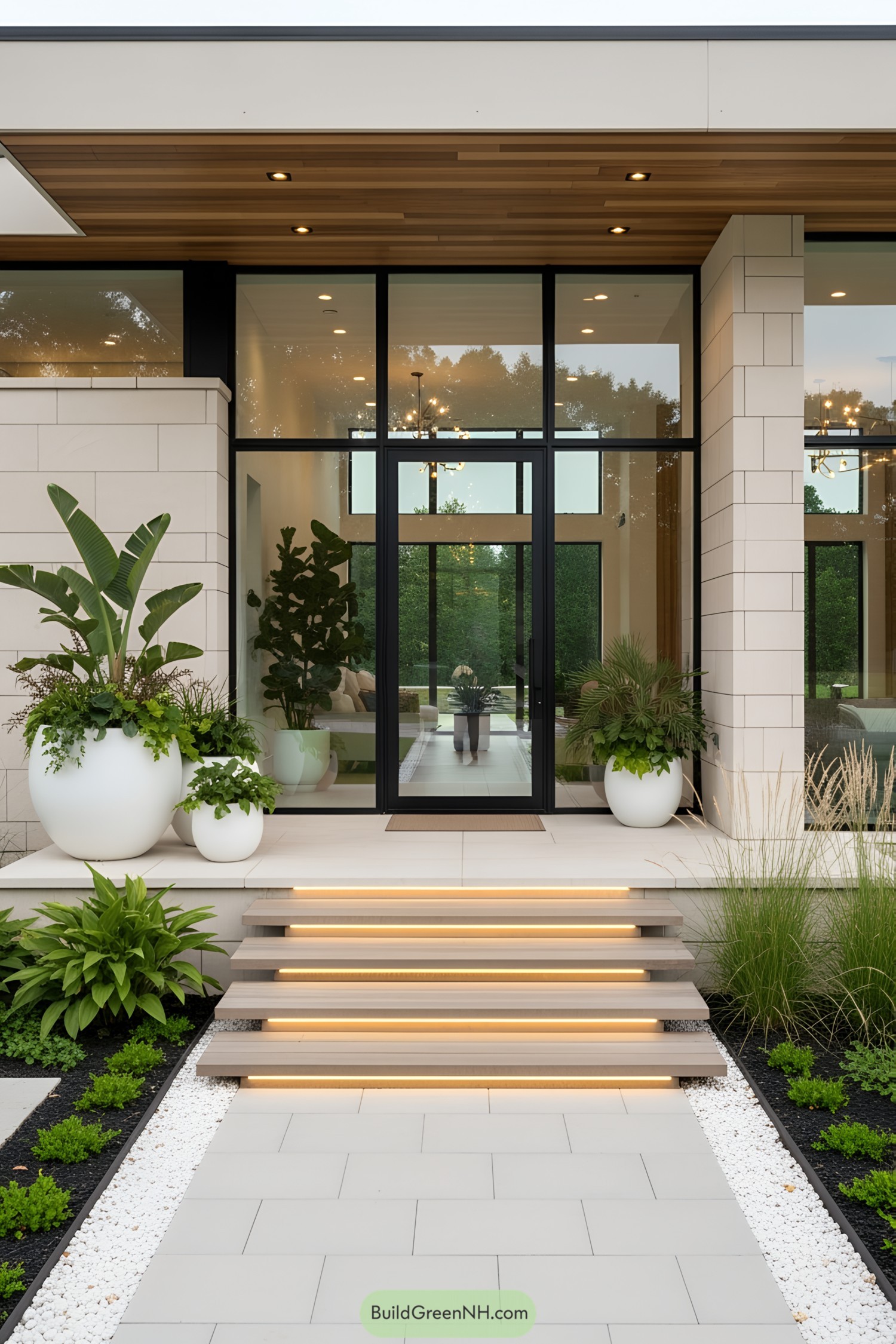 Modern front porch with glass doors and greenery