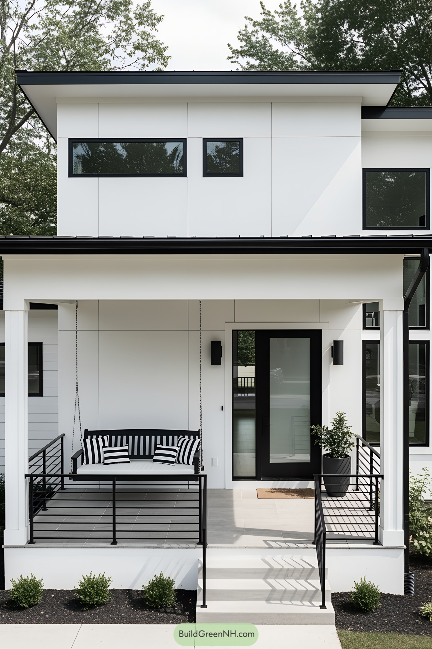 Modern front porch with black and white design