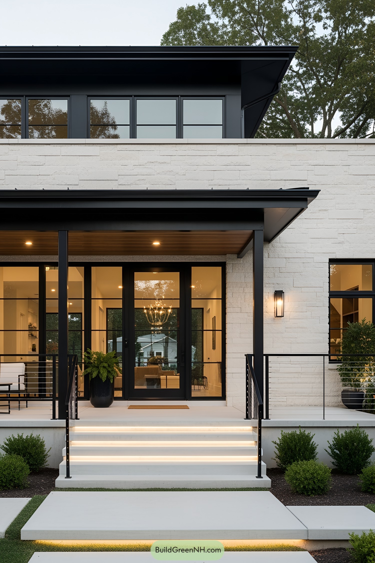 Elegant modern porch with sleek design and ambient lighting
