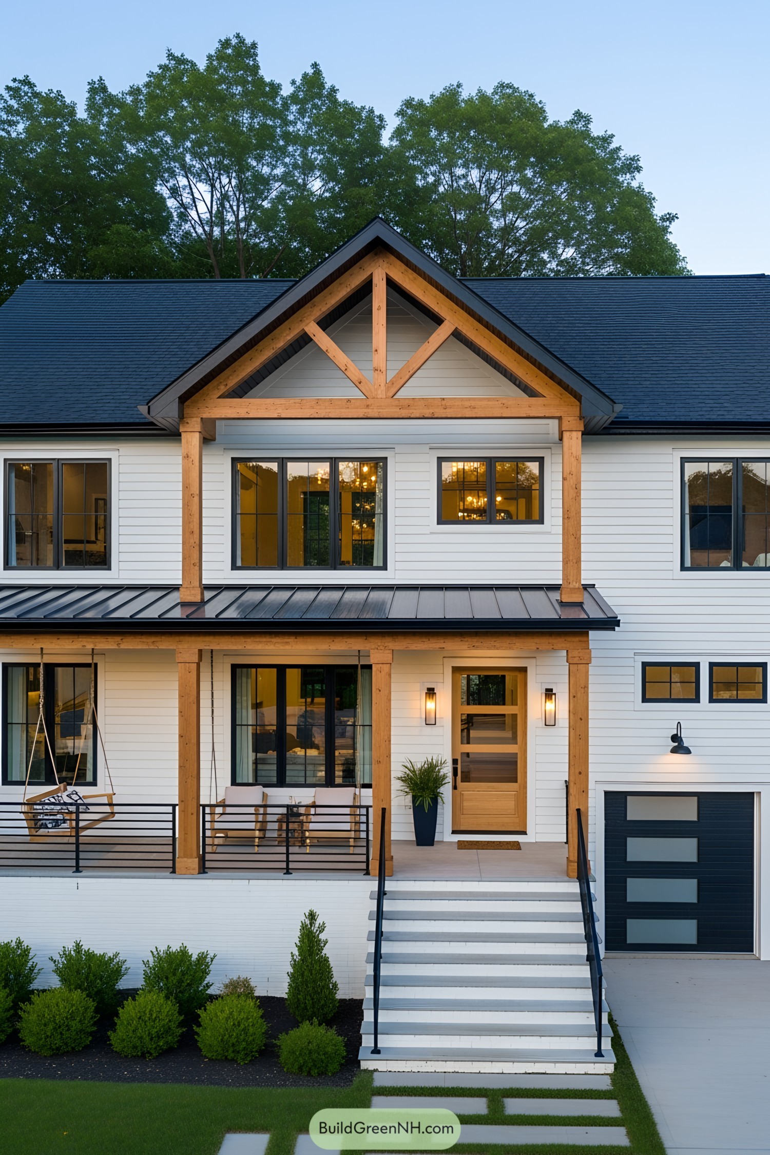 Modern front porch with timber accents and sleek lines