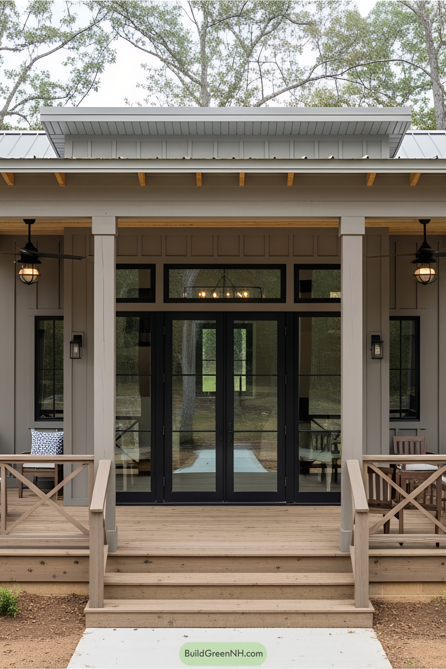 Modern porch with cozy seating and stylish lighting