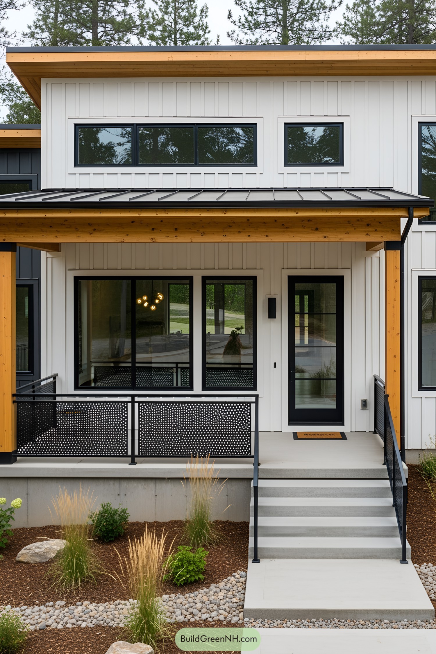 Chic modern porch with wooden roof and black accents
