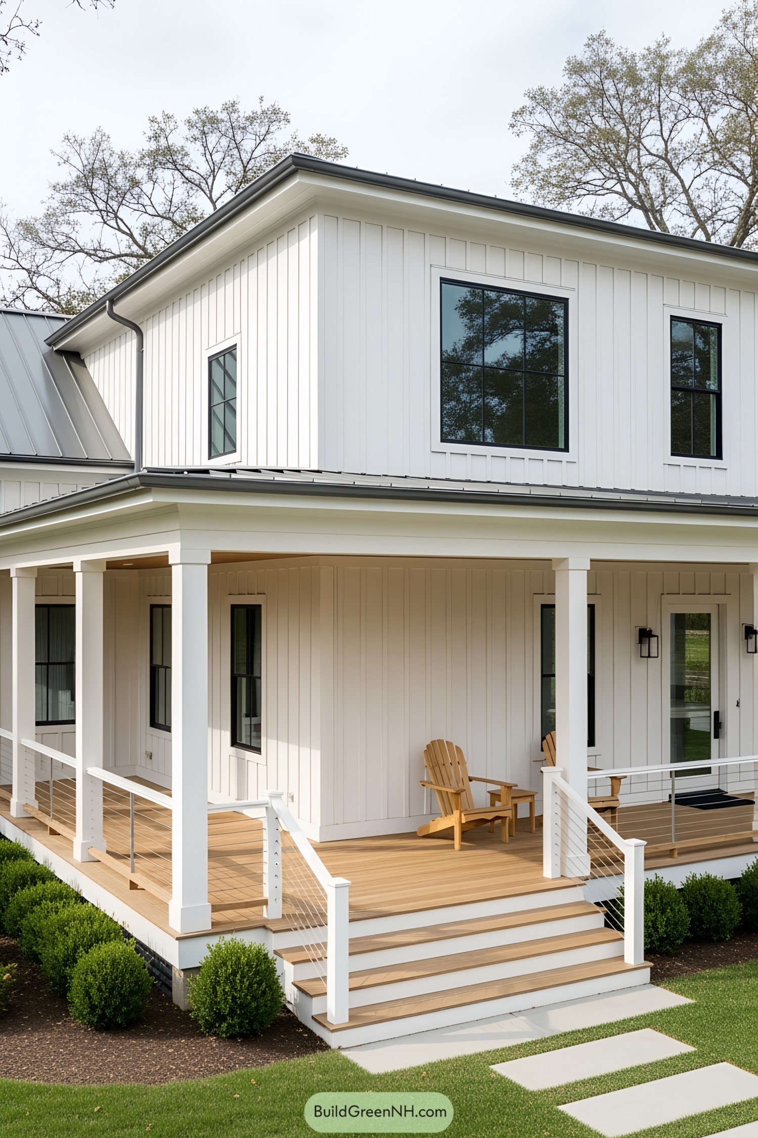 Modern front porch with wooden chairs and stairs