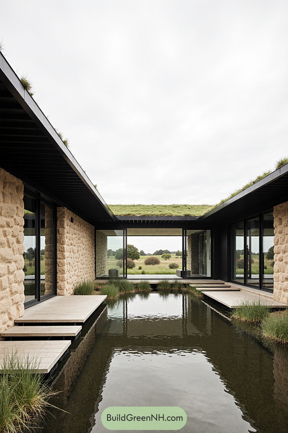 Modern house with pond in the courtyard