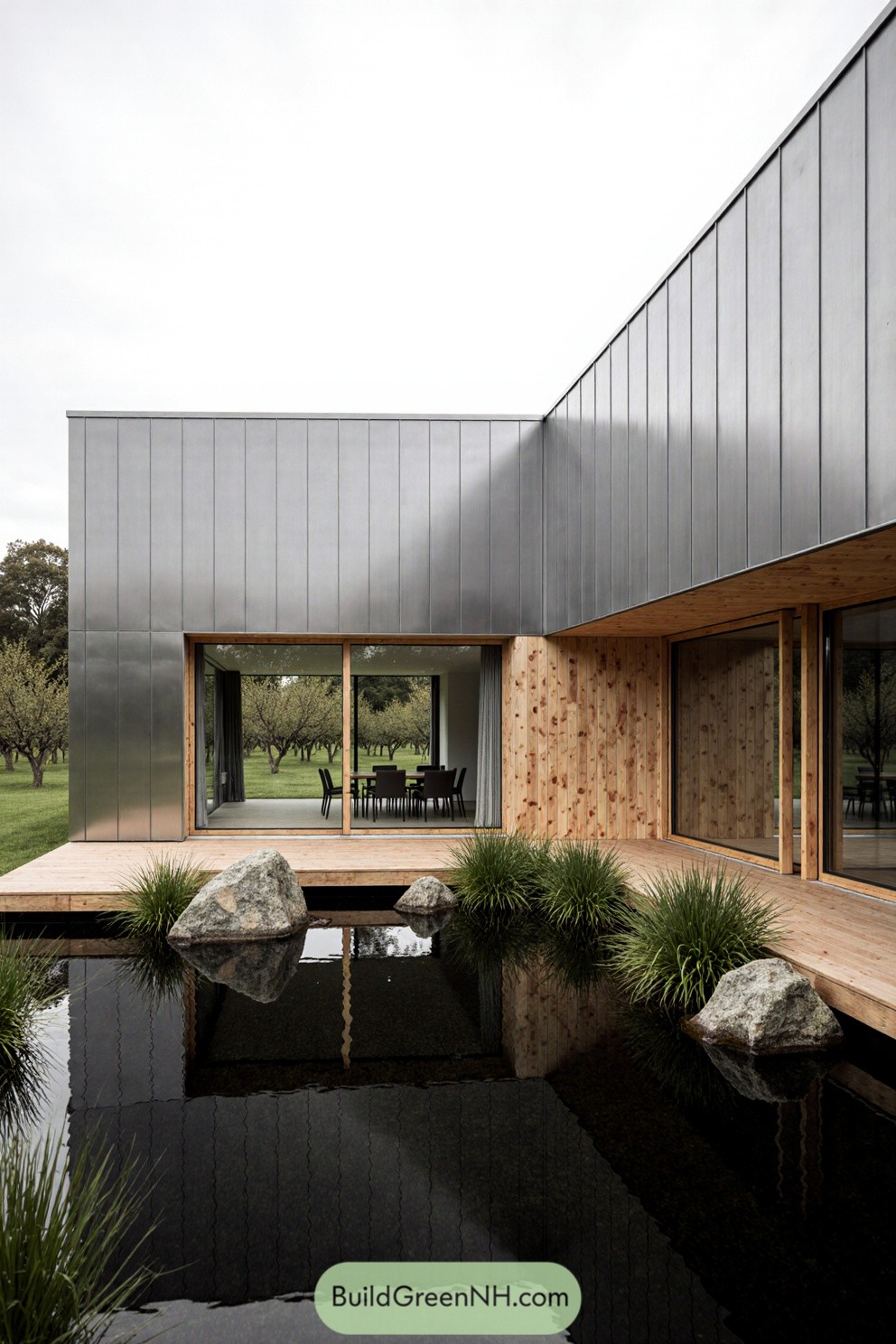 Modern house with pond in the courtyard, featuring sleek metal and warm wood design