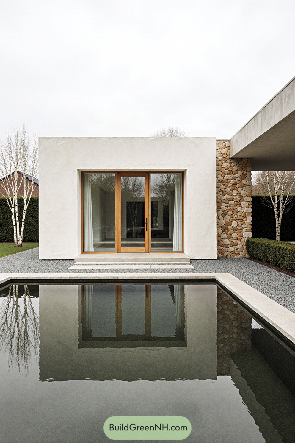 Modern house with large windows overlooking a pond