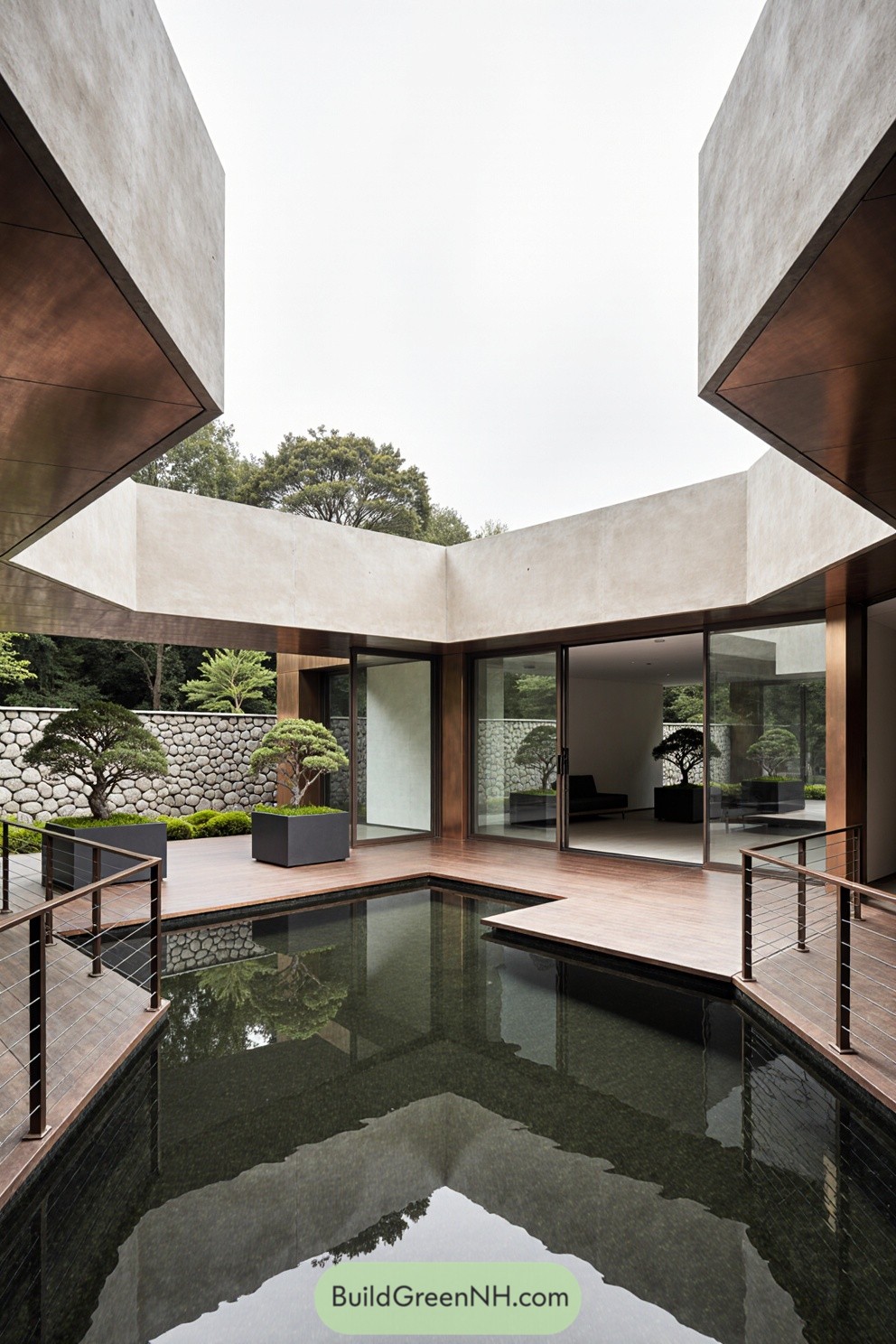 Modern house with courtyard pond and glass walls
