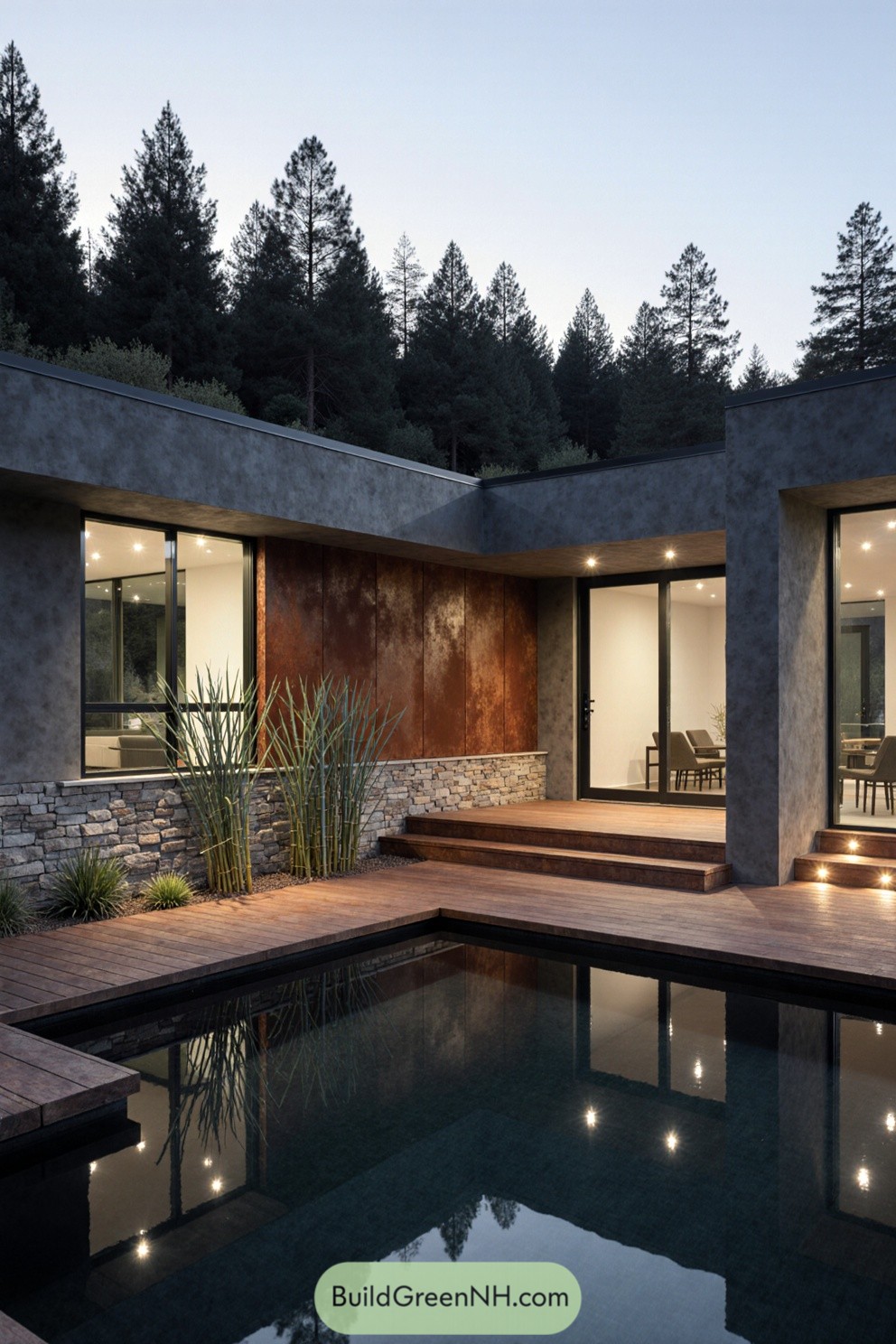 Modern house with courtyard pond surrounded by trees