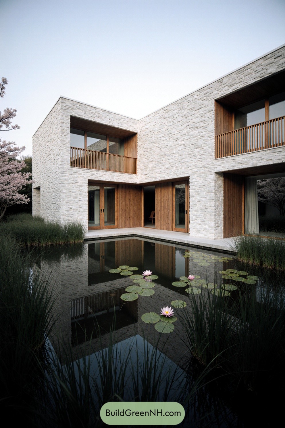 Modern house with a pond courtyard featuring water lilies