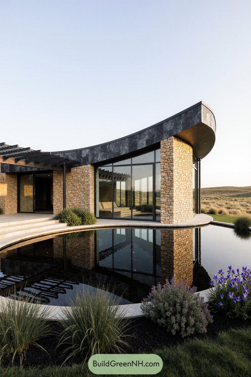 Modern house with curved design overlooking a tranquil pond