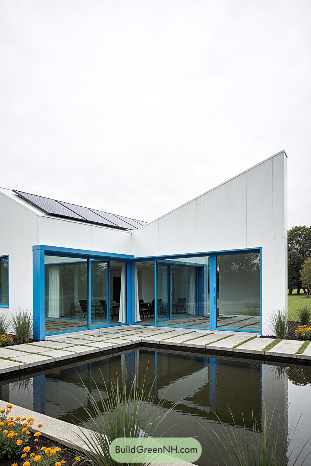 Modern house with angular roof and blue-framed glass doors by a pond