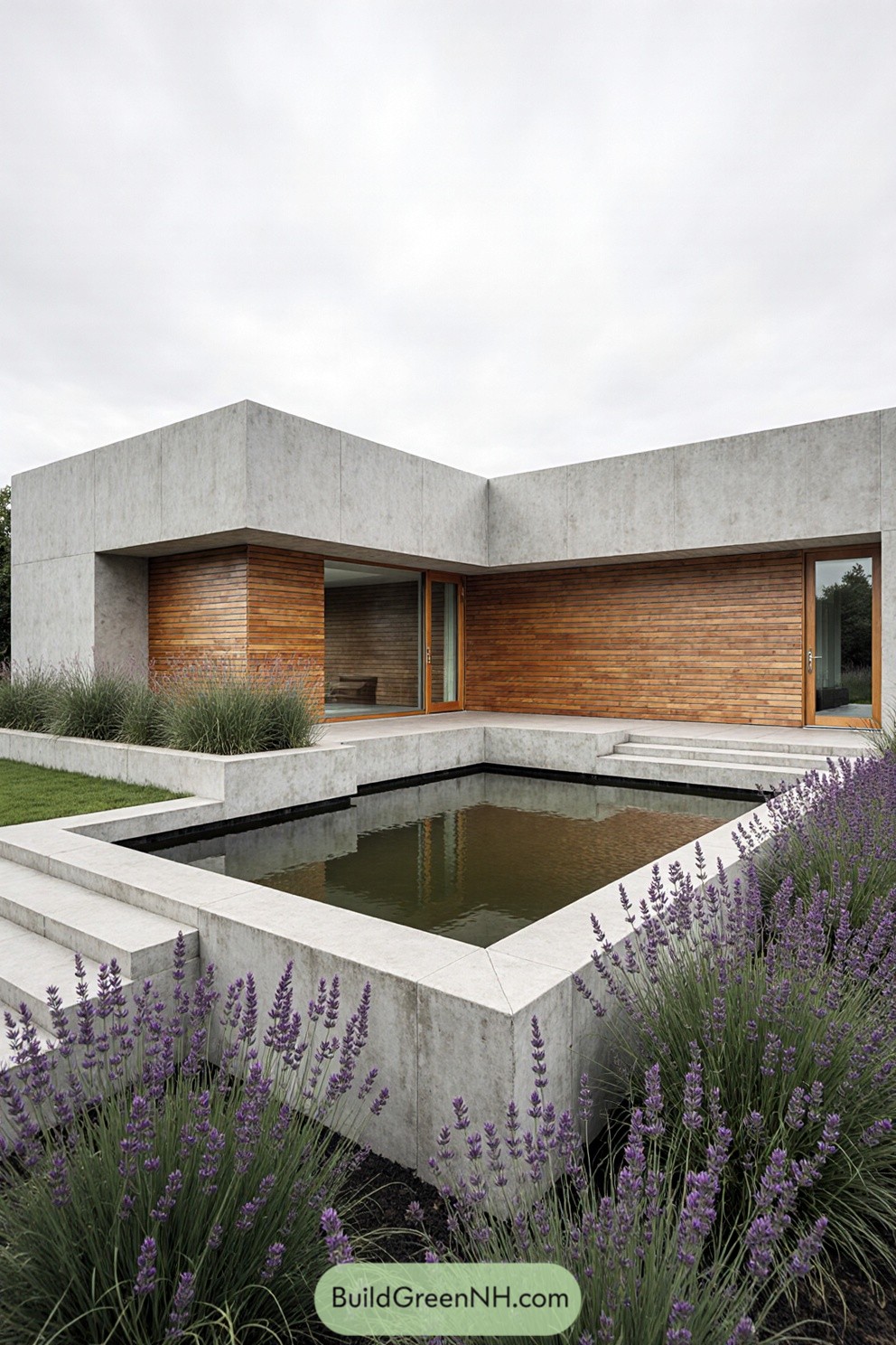 Modern house with courtyard pond and minimalist architecture