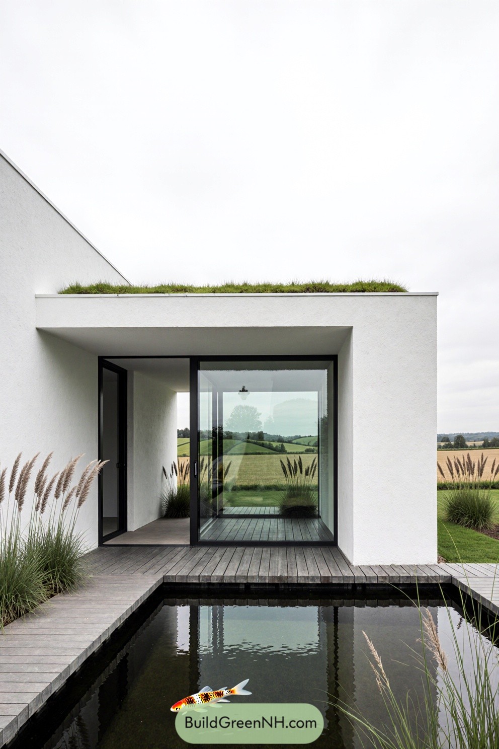 Contemporary house with pond and greenery