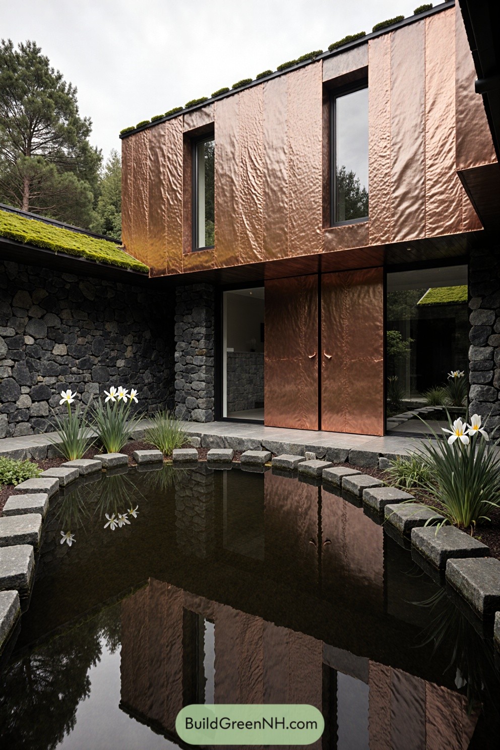 Modern house with copper panels and courtyard pond