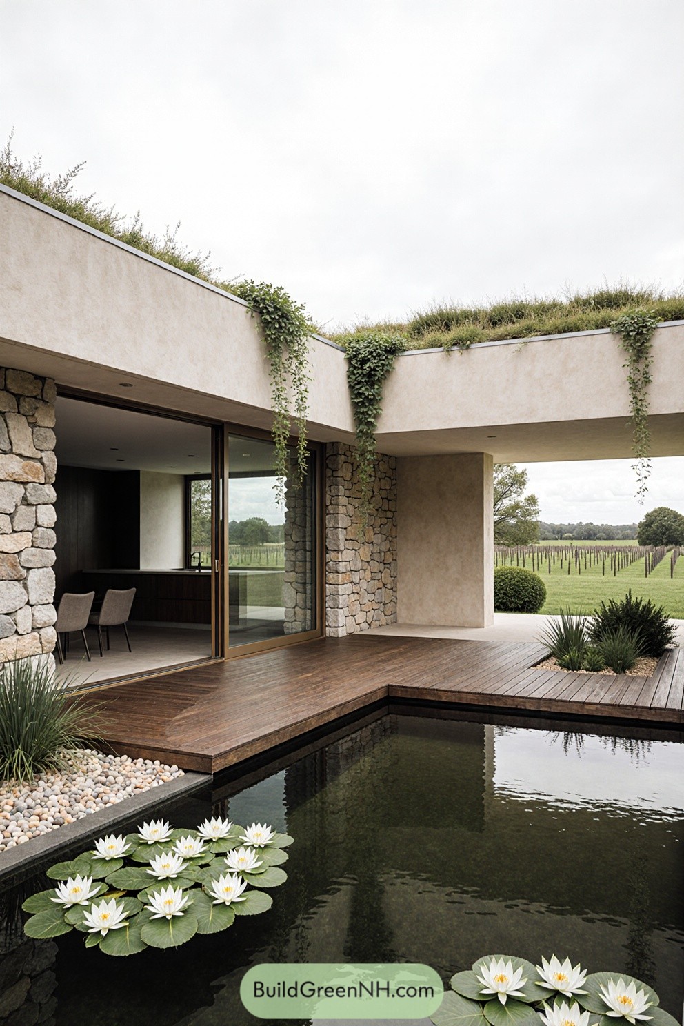Modern home with pond, green roof, and sliding doors