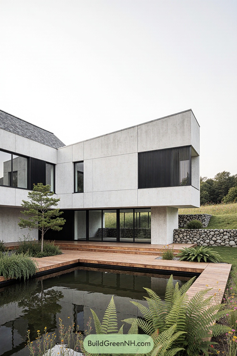Modern house with a courtyard pond and lush greenery