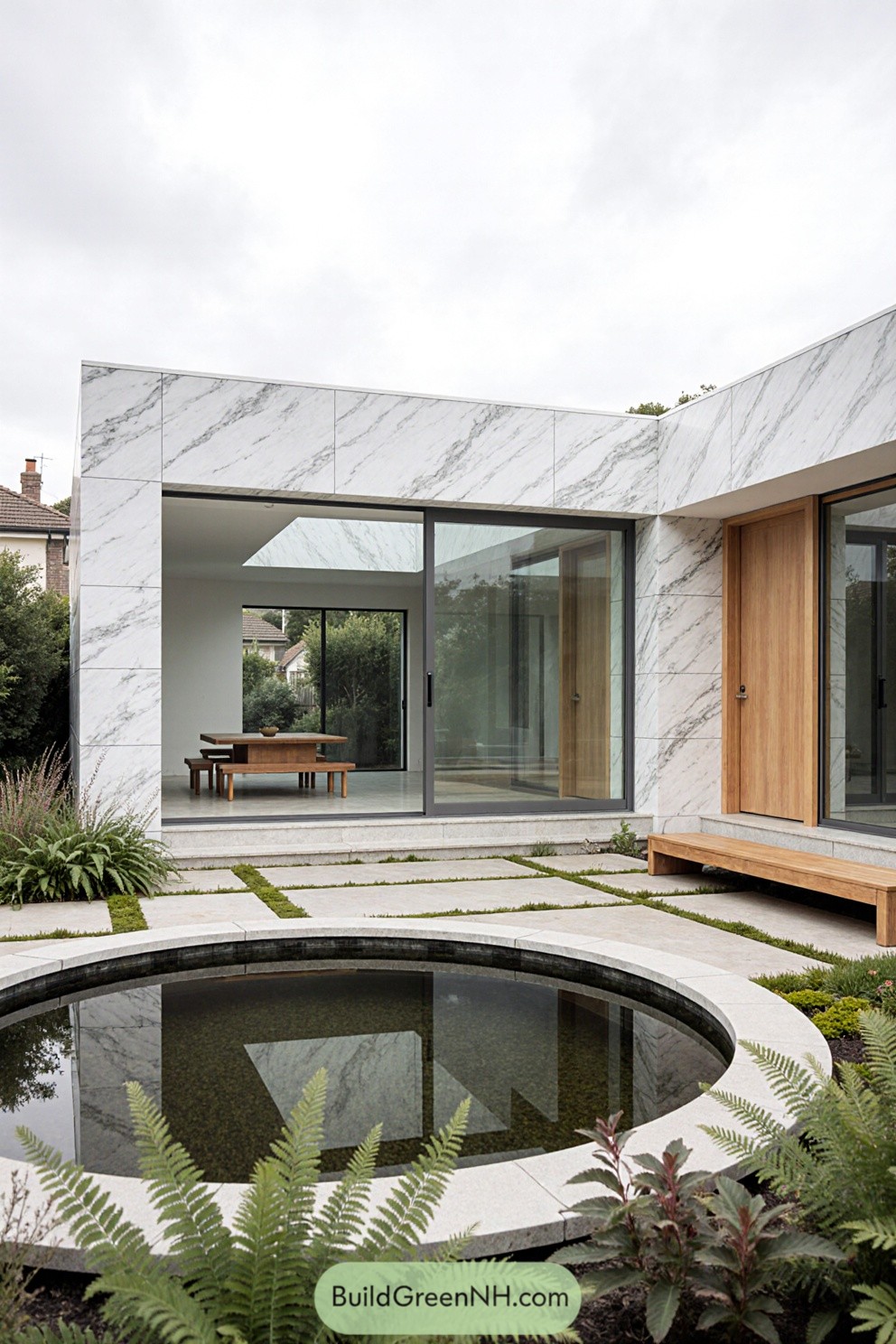 Modern home with marble facade and central pond