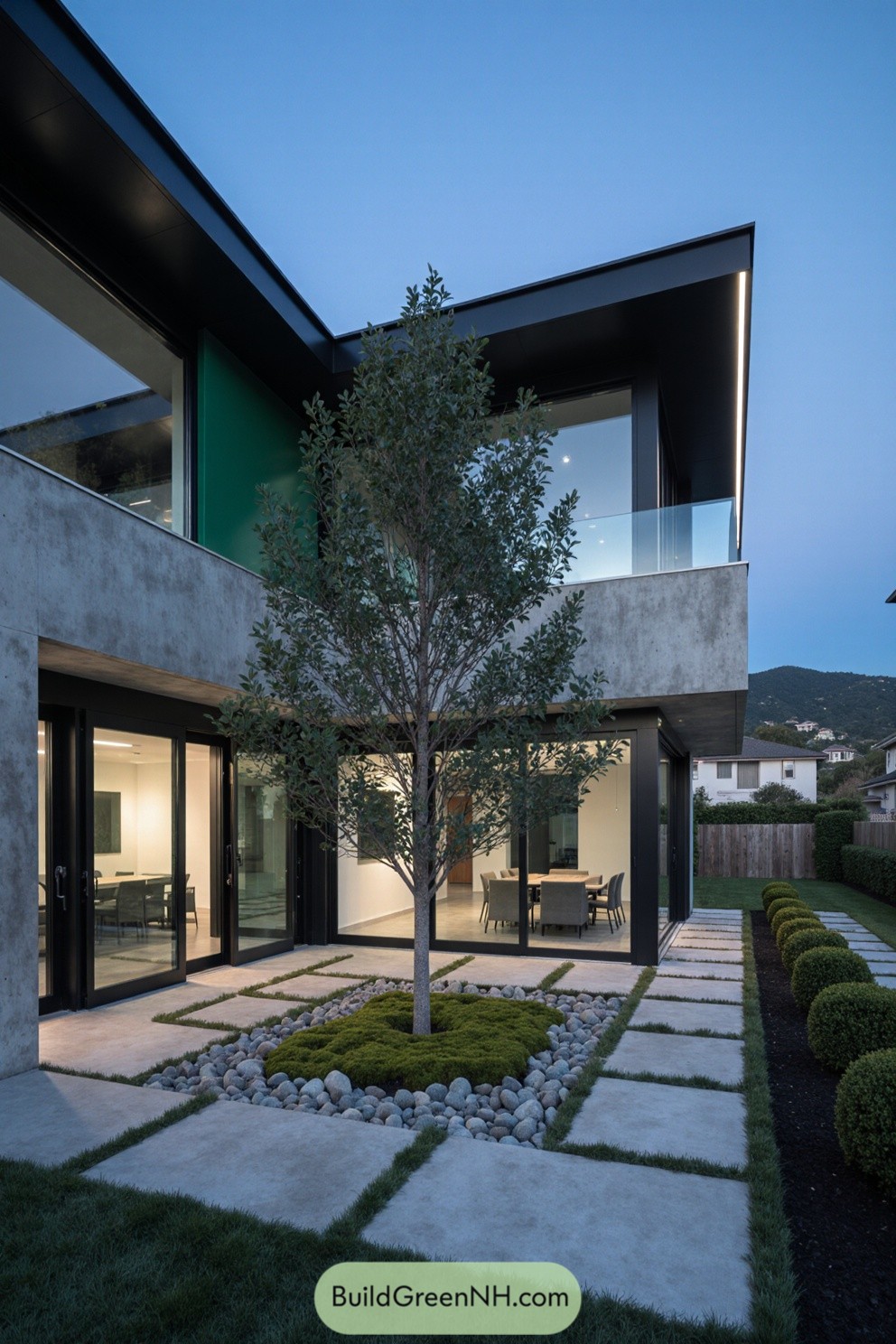 A contemporary house with a central tree in the courtyard