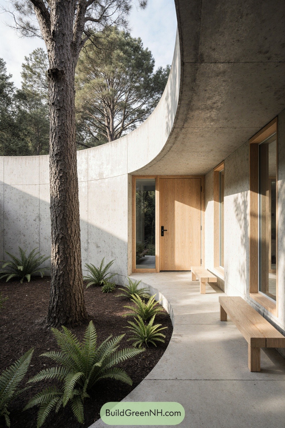 Modern house courtyard with a tree and concrete architecture