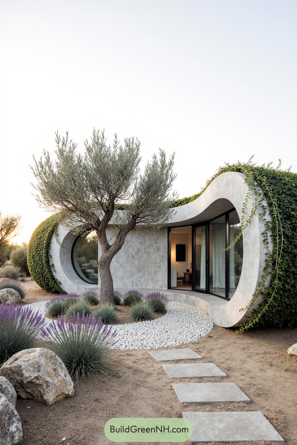 Modern house with curved walls wrapped around a tree