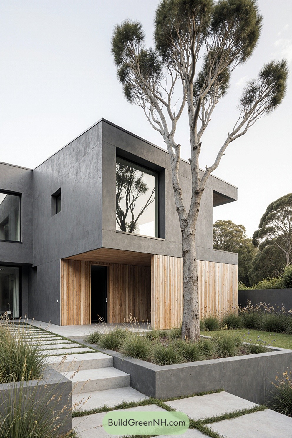 Modern house with a central courtyard tree, concrete and wood features