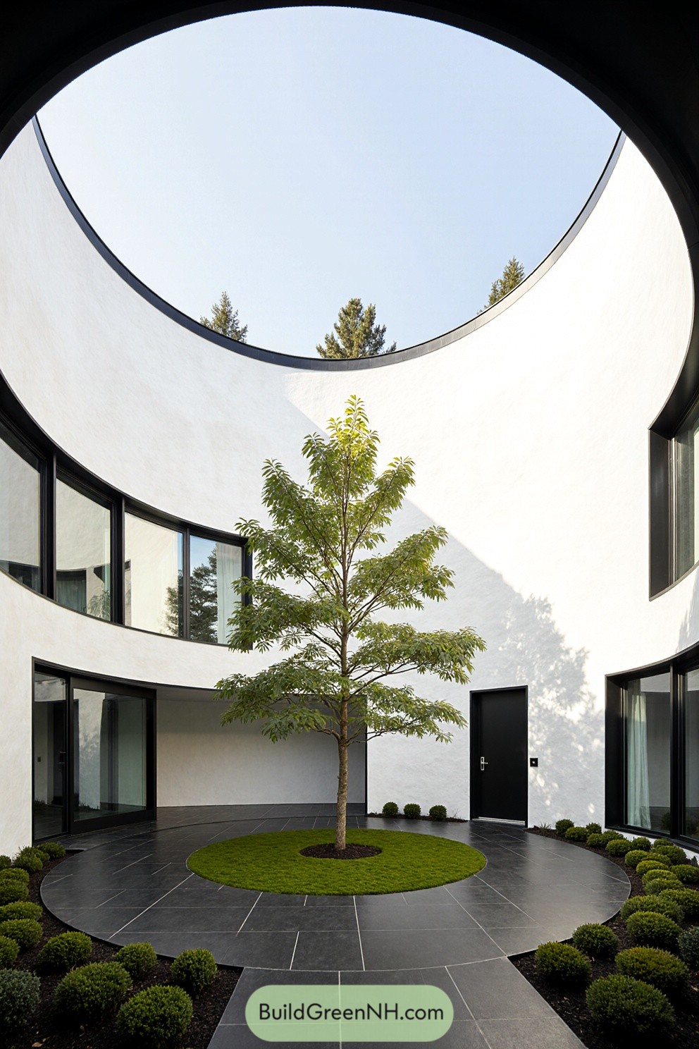 Modern courtyard with a tree at the center