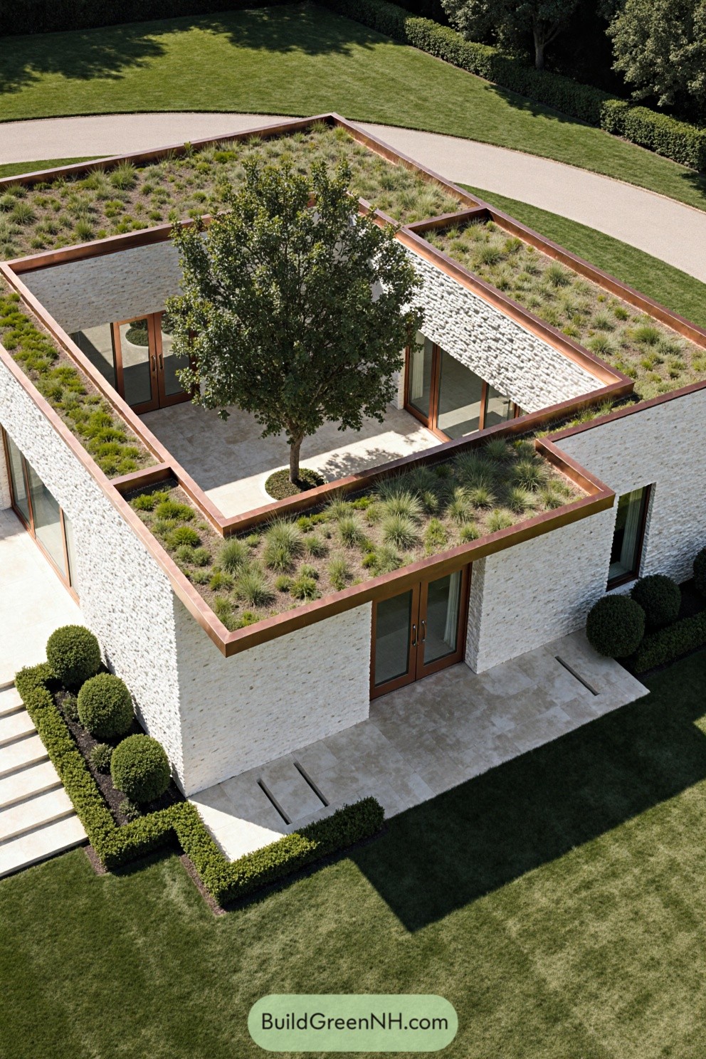 Modern house with courtyard tree and green roof