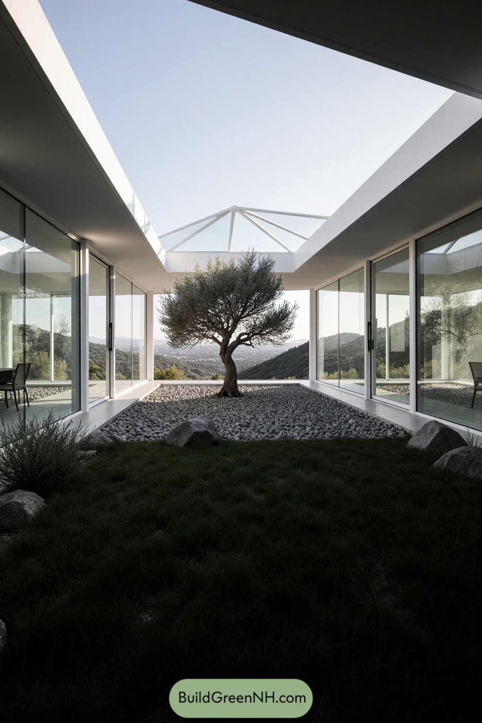 Modern house with a tree in the courtyard surrounded by glass walls