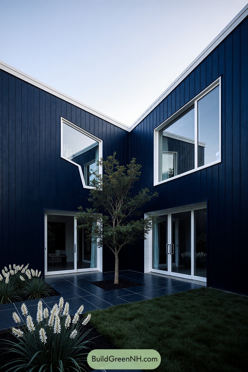 Modern house with courtyard tree surrounded by sleek walls