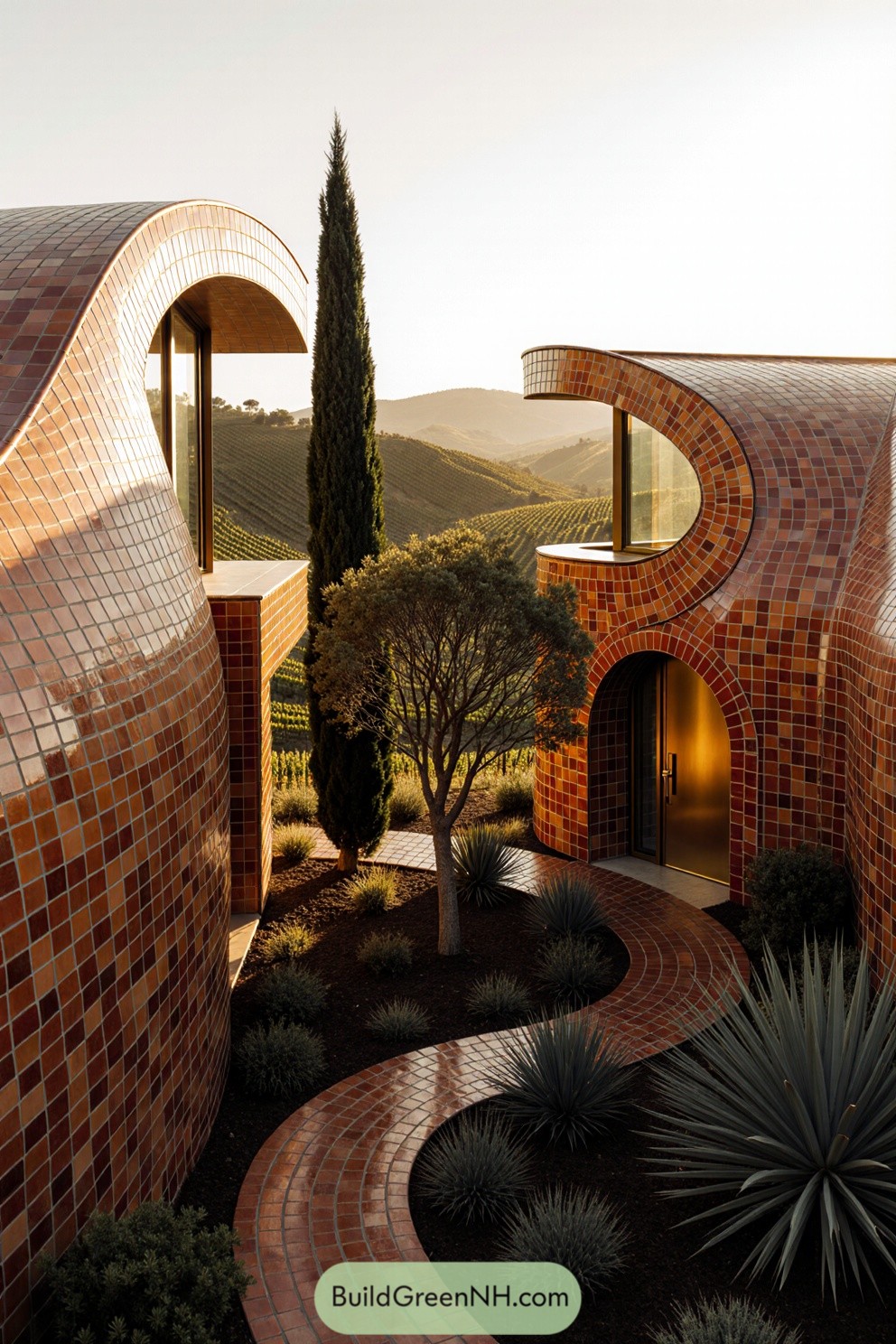 Modern house with tree courtyard, featuring curved brick architecture
